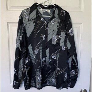 Made In California Men’s XL Black Gray Sateen Floral Long Sleeve Button Shirt
